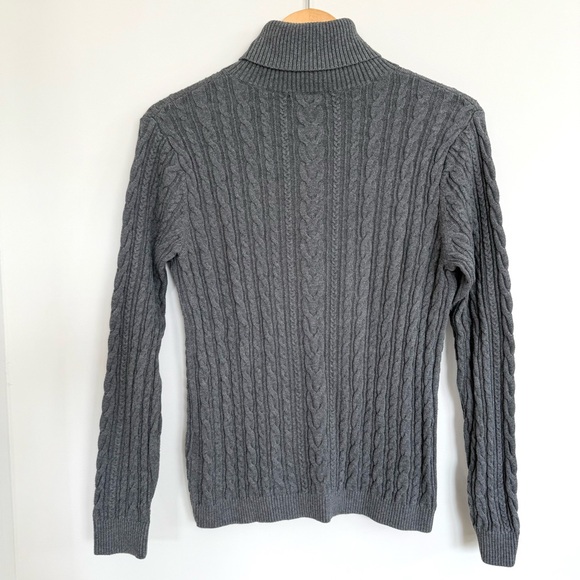 Lands’ End Grey Cable Knit Turtleneck Sweater 100% Cotton Size Medium - Picture 2 of 11